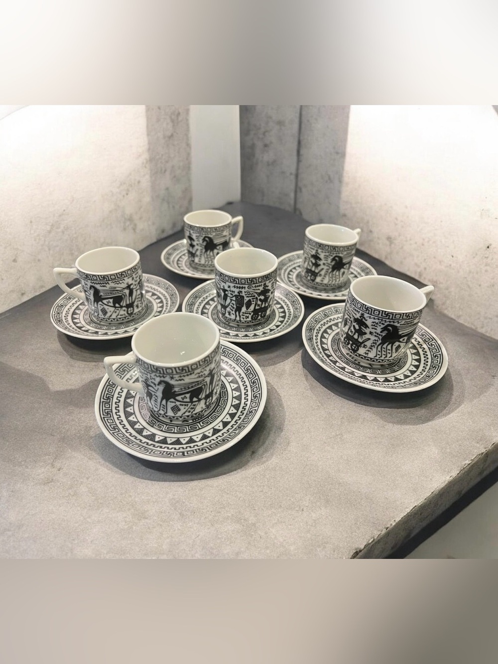 6 Greek demitasse cups and saucers, Hand Made And Pained.